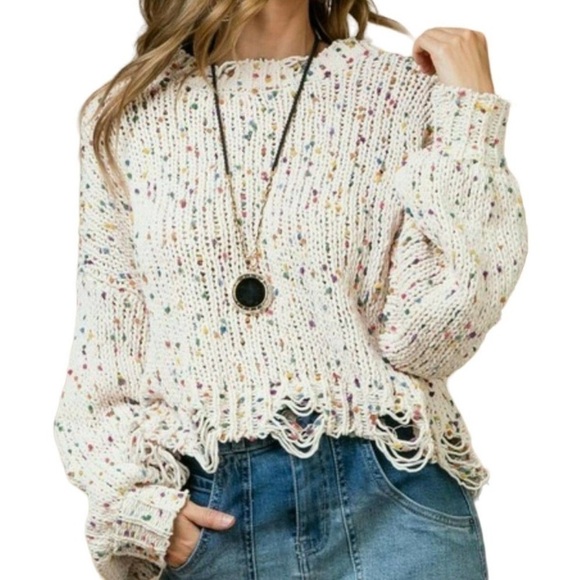Main Strip Sweaters - Main Strip Distressed Cropped Confetti Girly Knit Sweater Valentine’s Day